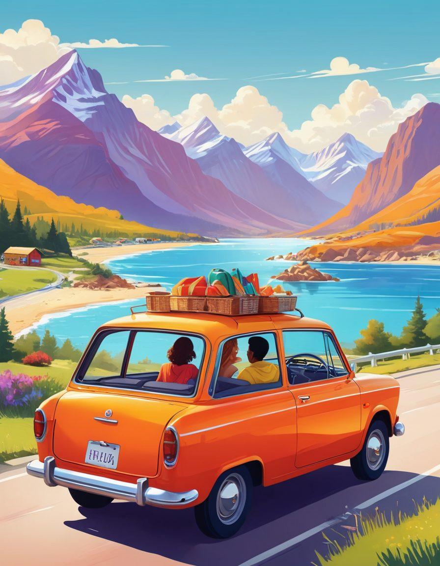 A bright and cheerful illustration of a diverse group of people enjoying a road trip in a colorful rental car, surrounded by beautiful scenery like mountains and beaches. The scene conveys happiness and freedom, with items like picnic baskets and adventure gear visible. Incorporate a digital map marking affordable rental locations, and emphasize joy and accessibility. vibrant colors. vector art.