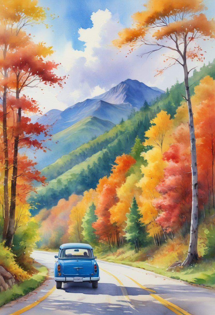 A scenic winding road surrounded by lush greenery and vibrant autumn trees, showcasing a diverse range of vehicles parked along the roadside, each with a friendly driver waving. Include a bright blue sky with fluffy clouds for a cheerful atmosphere, and a distant horizon with mountains. The overall feel should be inviting and adventurous, suggesting freedom and exploration. watercolor painting. bright colors.