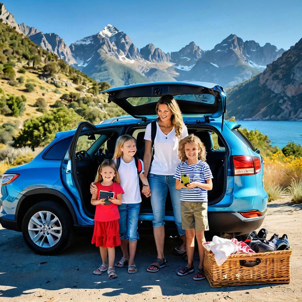 A cheerful family loading their bags into a stylish rental car in a sunny travel setting, with vibrant landscapes of mountains and beaches in the background. Include elements of adventure such as a map, picnic basket, and a kid holding a camera, symbolizing excitement and exploration. The scene should radiate happiness and affordability, showcasing the joy of travel. super-realistic. vibrant colors. natural lighting.